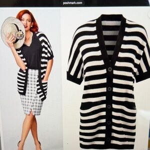 CAbi Women’s Cardigan Sweater Black White Strip SzM